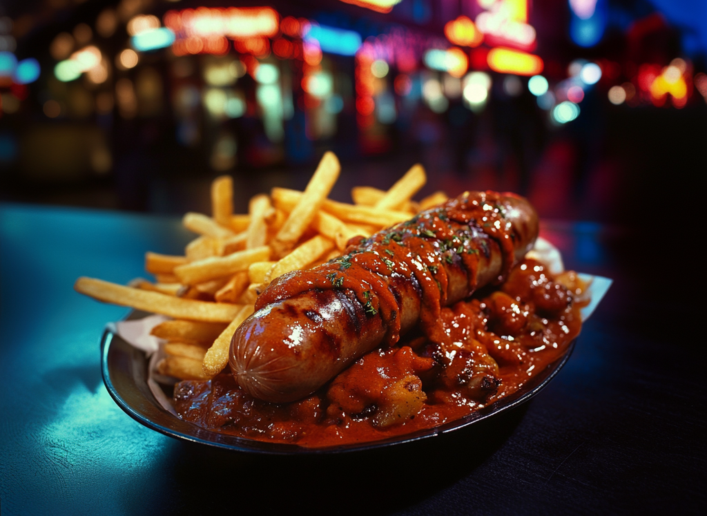 Großaufnahme einer Currywurst mit würziger Sauce und Pommes von Heisse Ecke. Im Hintergrund sind verschwommene bunte Lichter und eine nächtliche Straßenatmosphäre zu sehen.