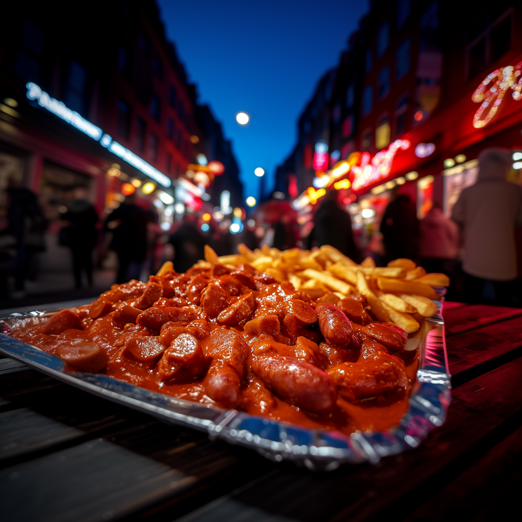 Teller mit Currywurst und Pommes von Heisse Ecke, serviert in einer lebhaften Straßenumgebung bei Nacht. Im Hintergrund bunte Lichter und Menschen in einer geschäftigen Straße.